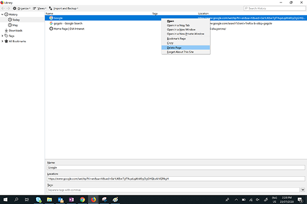 Delete page from firefox history