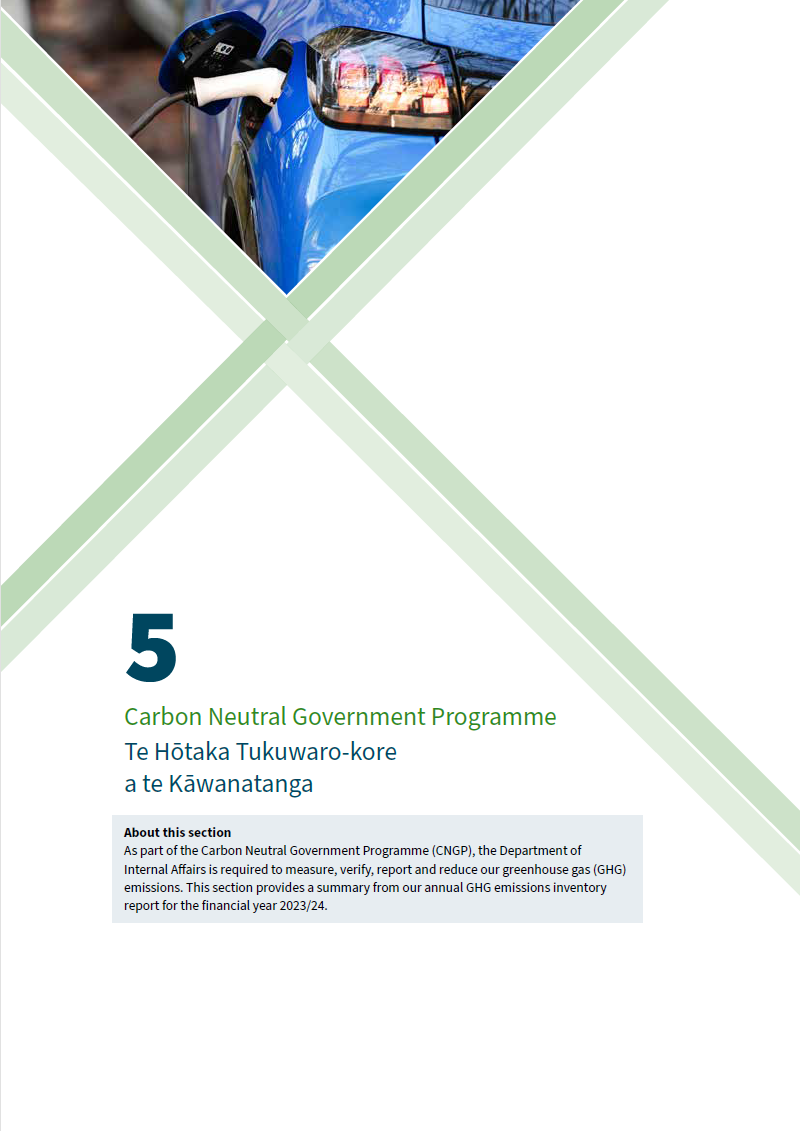 Carbon Neutral Government Programme (Click on image to open PDF, 98KB) 5. Carbon Neutral Government Programme - Te Hōtaka Tukuwaro-kore a te Kāwanatanga. Image of an electric car being charged. About this section: As part of the Carbon Neutral Government Programme (CNGP), the Department of Internal Affairs is required to measure, verify, report and reduce our greenhouse gas (GHG) emissions. This section provides a summary from our annual GHG emissions inventory report for the financial year 2023/24.