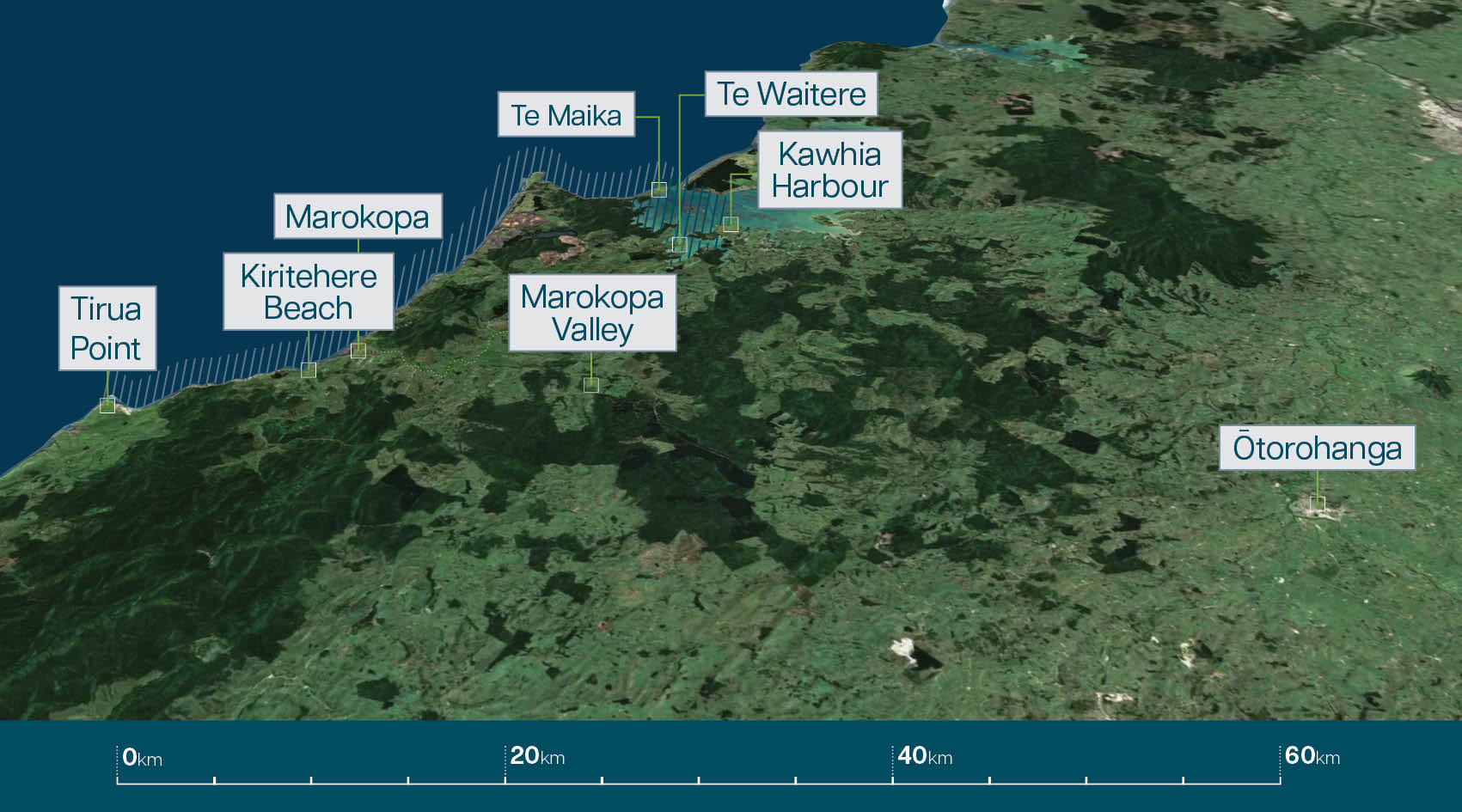 Geographic map showing key locations: Tirua Point, Kiritehere Beach, Marokopa, Marokopa Valley, Te Maika, Te Waitere, Kawhia Harbour, Ōtorohanga